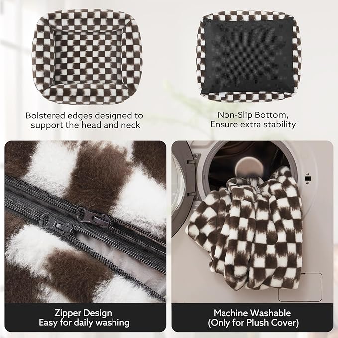 JOEJOY Large Dog Beds Large Sized Dog, Removable Washable Cover Orthopedic Soft Faux Rabbit Fur Pet Bed, Anti-Slip Fluffy Plush Faux Rabbit Fur Puppy Bed, 36"x27"x8", Checkered, Brown