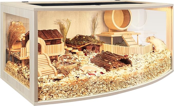 Prolee Hamster Cage Chew Proof Wood, Hamsters Enclosure Openable Top with Curved Design,Waterproof Small Animals Cage with Acrylic Sheets for Gerbils,Hamster Habitat(32 Inches)