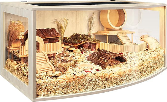 Prolee Hamster Cage Chew Proof Wood, Hamsters Enclosure Openable Top with Curved Design,Waterproof Small Animals Cage with Acrylic Sheets for Gerbils,Hamster Habitat(32 Inches)