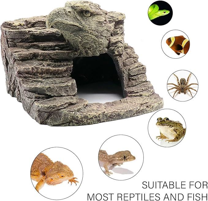 Reptile Rock Basking Platform, Gecko Hide Cave Hiding Place, Snake Cave and Hides for Reptiles, Amphibians, and Small Animals, Lizards (Type-D（Medium）)