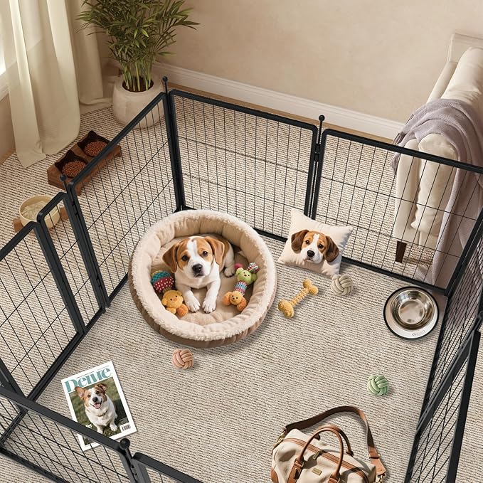 Dog Playpen 24 inch 8 Panels for Indoor & Outdoor Use – Heavy-Duty Metal Pet Fence with Ground Stakes, Rounded Ball Tops for Safety, Stable & Foldable Design, Easy to Assemble
