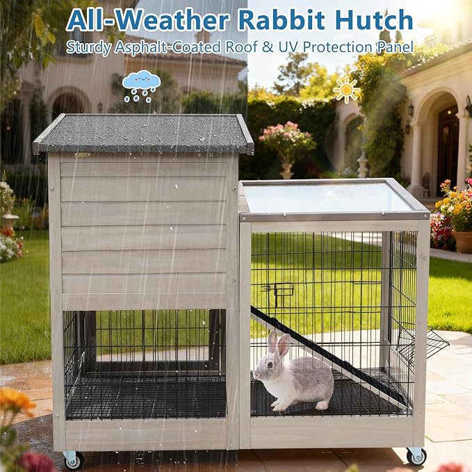 FunXplore Rabbit Hutch Indoor Outdoor Bunny Cage with Urine Guards 2 Storey Mobile Guinea Pig Cage Weatherproof Asphalt Roof Wire Bottom 2 Trays