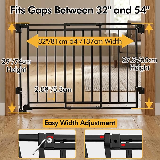 Extra Wide Baby Gate for Stairs Doorways & Kitchen,32"-54" W x 29" H, No Bottom Bar Dog Gate, One-Handed Auto-Close, Hardware Mount Safety Gate for Dogs & Toddlers, Black
