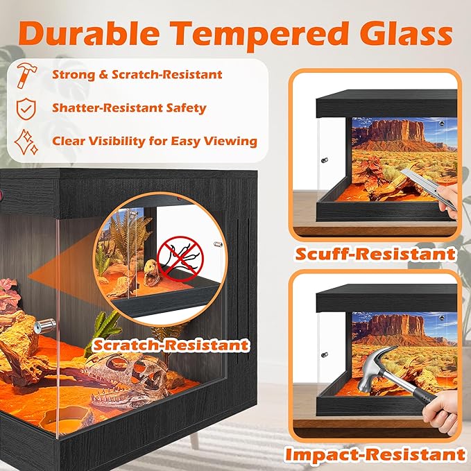 ROYXEN Reptile Tank, 64 Gallons Reptile Enclosure with Lockable Design, Tempered Glass Bearded Dragon Tank for Lizard Habitat, Soild Wood Built-in Sockets (Black, 39.5"x19.5"x19.5")