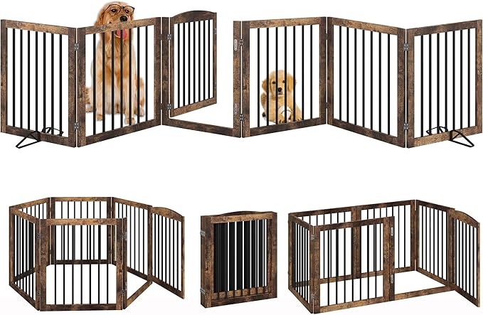 Vantas Folding Pet Gate 144" Wide, 30" Tall No-Assembly Wooden Dog Gate with Door Walk Through, Freestanding Puppy Safety Fence, with 2PCS Support - Rustic Brown