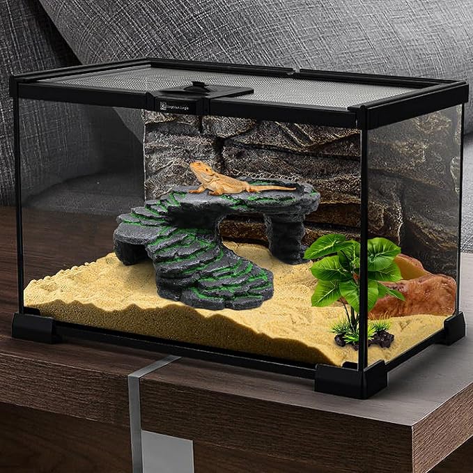 MoonOrange Turtle Basking Platform Kit, Reptile Habitat Hideout, Decorative Resin for Aquarium & Terrarium, Including Artificial Plant and Cleaning Brush. (B-Medium-Black)
