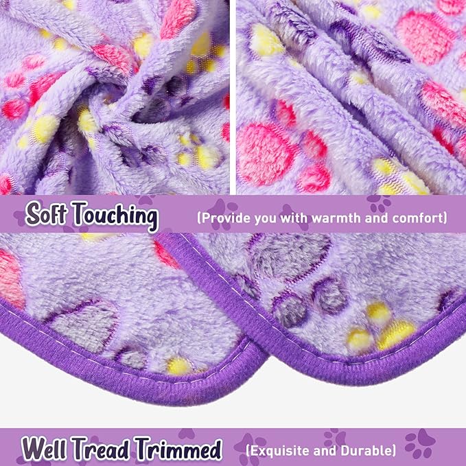 Tatuo 4 Pcs Dog Blanket for Pet Cat Blankets Indoor Puppy Teething Stuff Toys Paw Print Fleece Blanket Warm Sleep Mat for Guinea Pig Cage(Purple,Medium(30 x 20.5 Inch),Square)