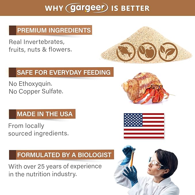 Gargeer Hermit Crab Protein Treat. Non-GMO Premium Ingredients, to Meet All Protein and Support Strength and Growth. 2oz Granular Textured ‘Surprise Your Crab’ Meal. Enjoy!
