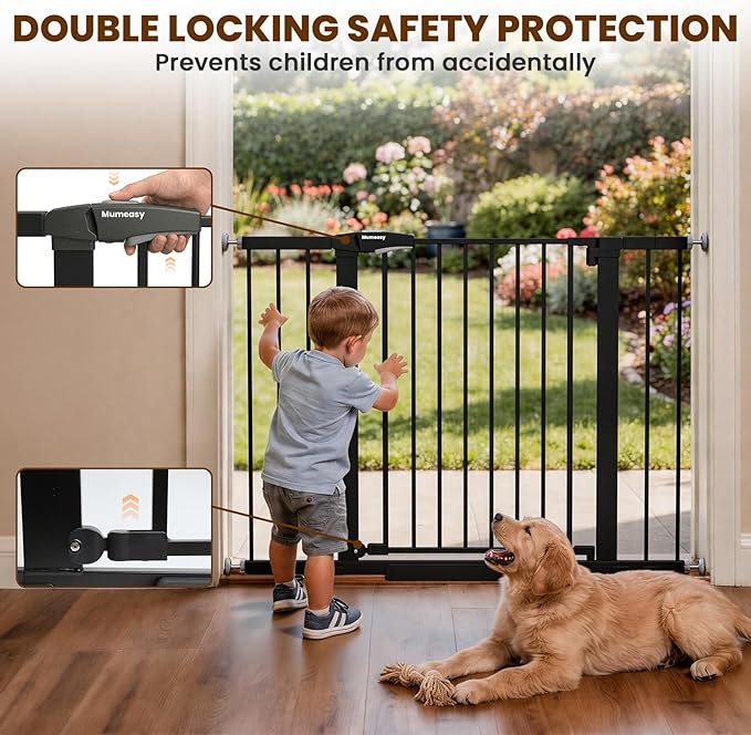 Mumeasy 29.6-46" Baby Gate for Stairs, Pressure Mounted Dog Gate for Doorways, Auto Close Pet Gate for Indoor Use, Extra Wide Child Gate with Walk Thru Door Black, Mom's Choice Awards Winner