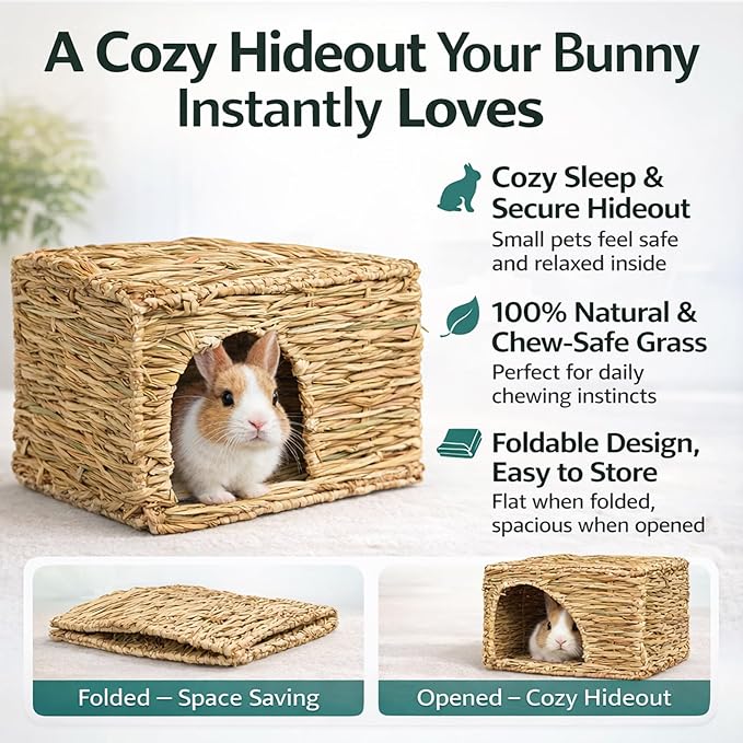 HERCOCCI Extra Large Grass House for Rabbit, Foldable & Comfortable - Small Animal Hut Play Hideaway Bed Hay Mat Chew Toy for Bunny Guinea Pig Hamster Chinchilla (1 Pack)