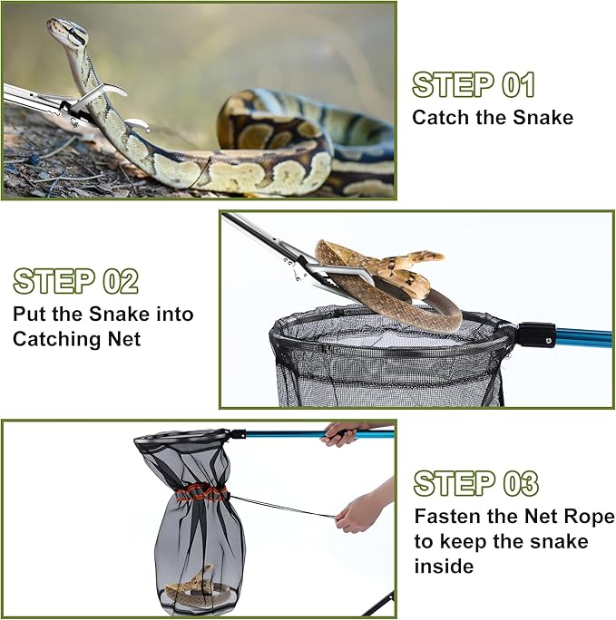 Qualirey Snake Grabber Tool Set, 50" Foldable Snake Tongs and 16"-24" Extendable Catcher Net with Handling Gloves, Professional Reptile Heavy Duty Catcher Wide Jaw Handling Tool