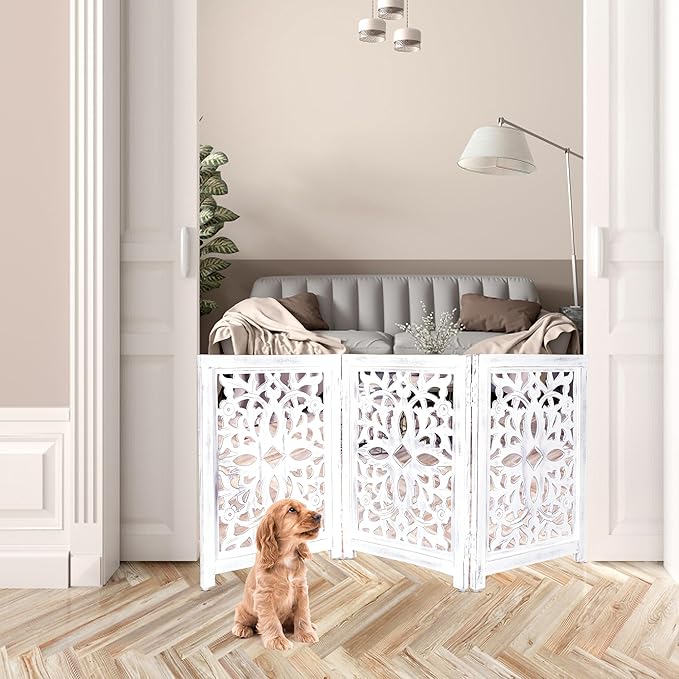 Lightnpro Foldable Carved Wooden Dog Gate - Freestanding Indoor Pet Safety Barrier, Adjustable Decorative Dog Fence for Stairs, Doorways & Hallways - 24x18 Inch Antique White
