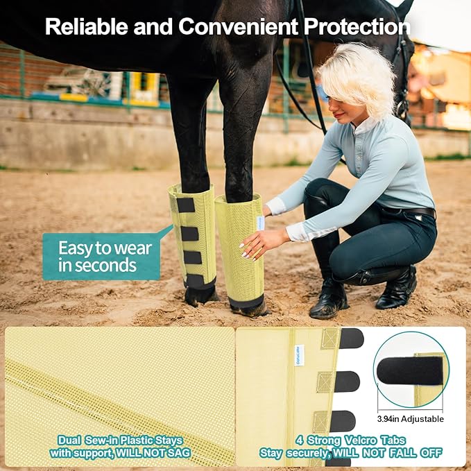 Mesh Horse Fly Boots Set of 4, Loose Fitting Leggings for Horses, Reduce Stressful Stomping, Breathable Adjustable and Universal Fit for 4 Legs, Reliable Stay Put (Pale Yellow)