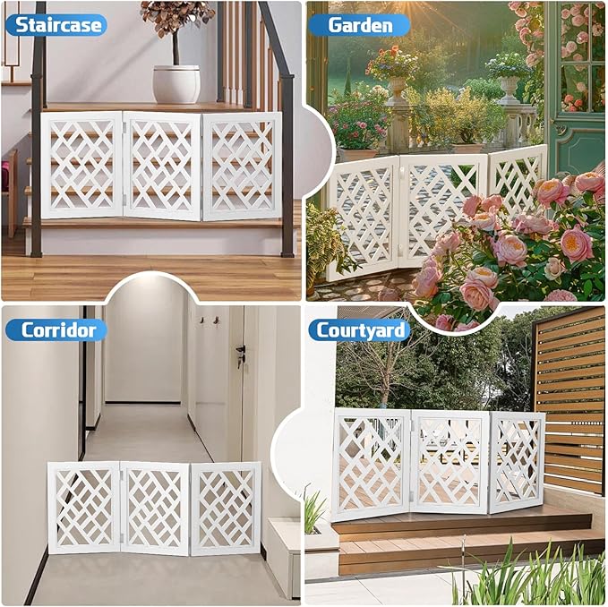 Cut-Out Design 16" Short Dog Gate for Small Dogs, Foldable Retractable Puppy Gate Indoor - Freestanding Lightweight Pet Barrier for Doorways, Stairs, Hallways (Extends to 35", White)