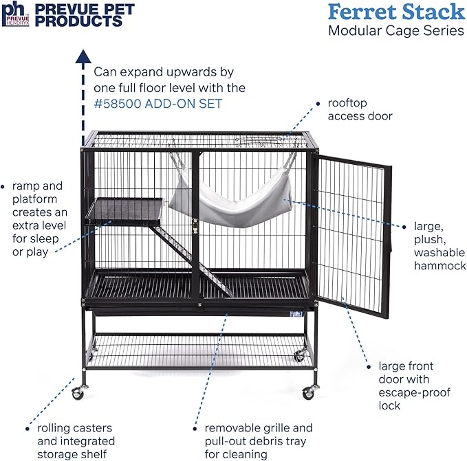 Prevue Pet Products Ferret Stack One Story Ferret Home with Portable Stand, Escape Proof Lock, Hammock, Ramps, Expandable Add-On Cage Stacking System
