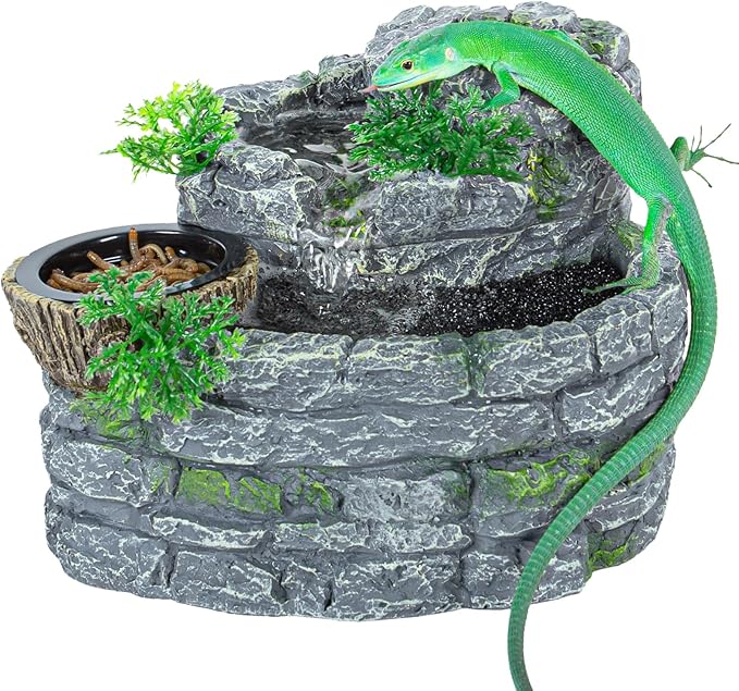 Reptile Water Fountain, Reptile Terrarium Waterfall Drinking Fountain with Food Dish for Bearded Dragon Lizard Leopard Crested Gecko Chameleon Frog