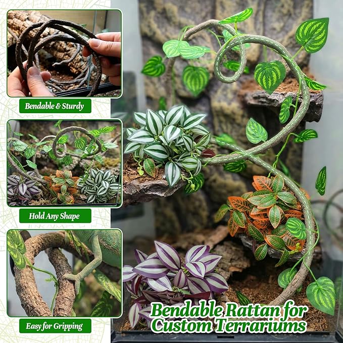 5 Pcs Reptile Plants & Habitat Decor Kit - 3 Artificial Hanging Plants & Large 3.3ft Jungle Vine Branch, Terrarium Tank Climbing Accessories for Crested Gecko, Bearded Dragon, Lizard, Snake, Chameleon