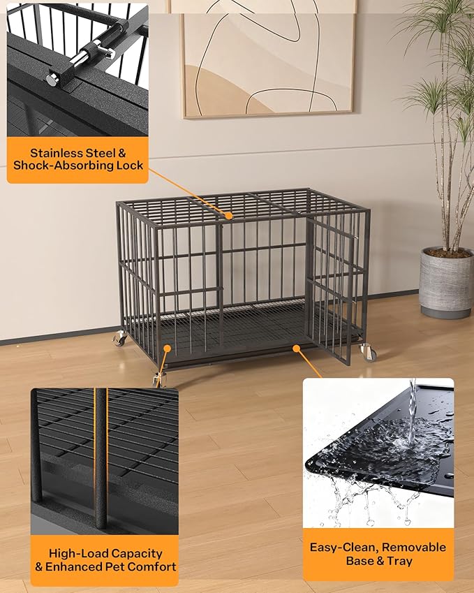 38 in Heavy Duty Dog Crate Steel Escape Proof, Indoor Double Doors and Lockable Wheels,Removable Tray, for Small and Medium Dog Breeds