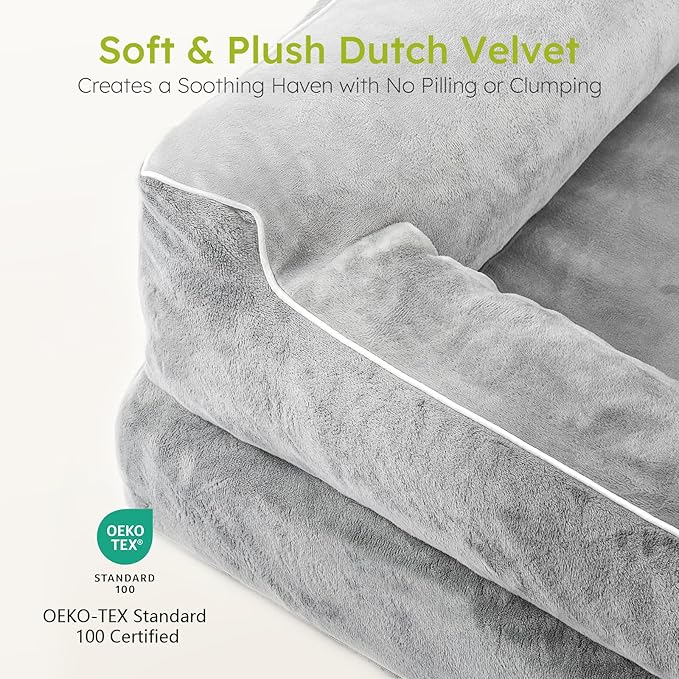 CWAWZ Jumbo Dog Beds for Extra Large Dogs, Orthopedic Dog Bed with Cooling Gel Memory Foam, Waterproof Pet Bed with Removable Washable Cover, 45" Pet Sofa Couch Velvet with Bone Toy, Light Gray