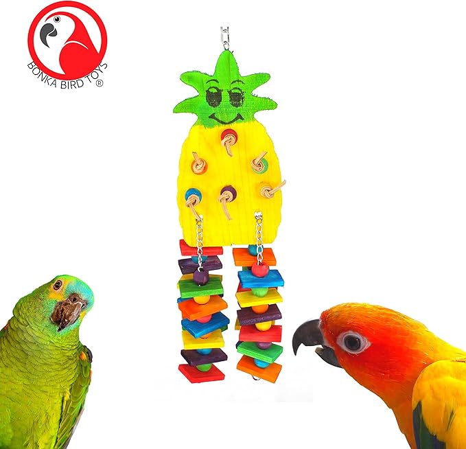 Bonka Bird Toys 1733 Medium Pineapple Toys Colorful Chew Wood Hanging Pulling Parrot Parrotlet Cockatoo African Grey Macaw