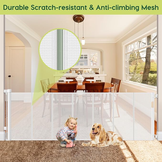 Reinforced 80 Inch Extra Wide Retractable Baby Gate with Support Rods, Indoor/Outdoor Retractable Pet Gates for Wide Openings, 33” Tall Mesh Dog Gate Indoor Extra Long Baby Gates for Decks, White