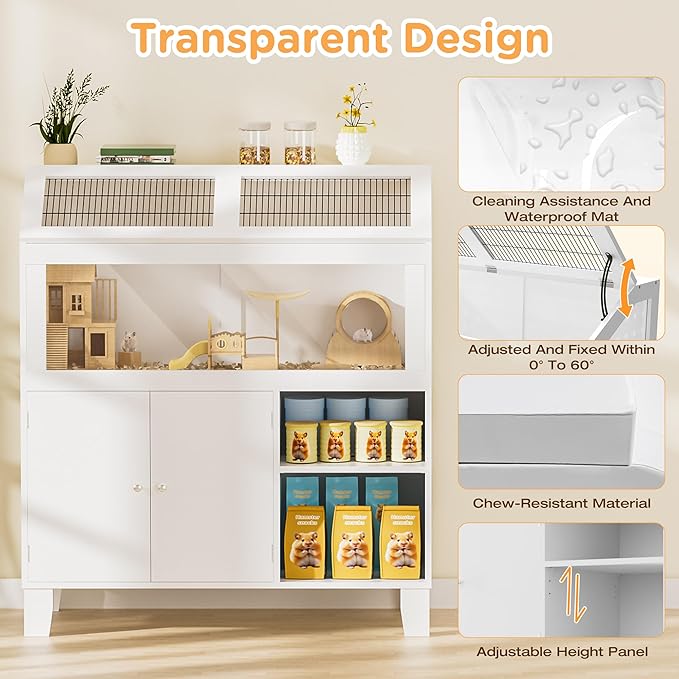 Hamster Cage with Storage Cabinet, Hamster Cage Large, Large Hamster Habitat with Easy View Acrylic Panels, Wooden Small Animal Cages for Guinea Pigs, Rabbits, Gerbils, Hedgehogs, White