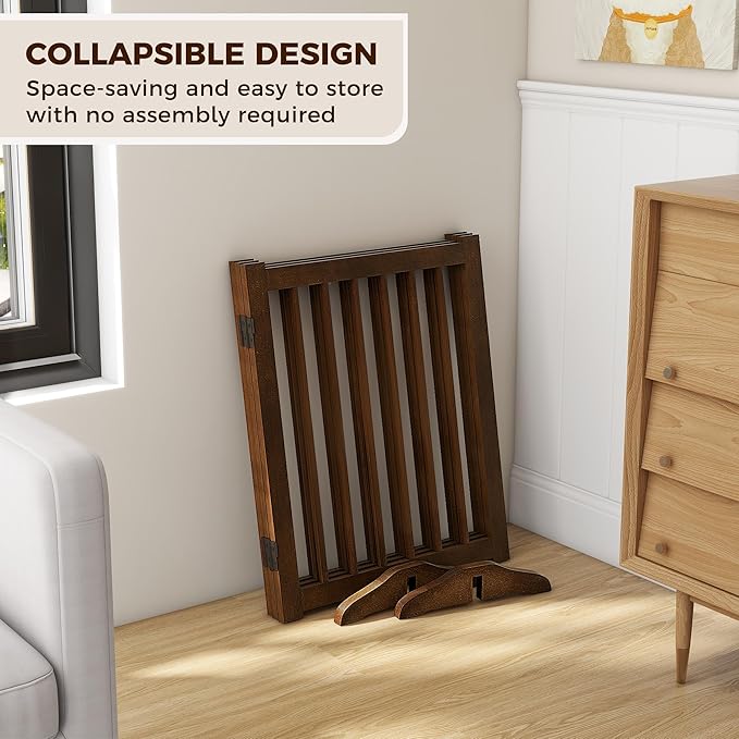 Indoor Dog Gate,Wooden Freestanding Dog Gate for Stairs or Doorways-3 Panels 24" - Folding Solid Wood Safety Pet Fence with 2 Support Feet-Walnut Color