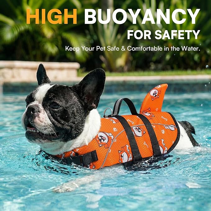 Queenmore Medium Dog Life Vest for Swimming, Dog Life Jacket Medium for Boating, Lightweight Dog Shark Life Jacket with Rescue Handle/Leash Hook/Reflective Strips
