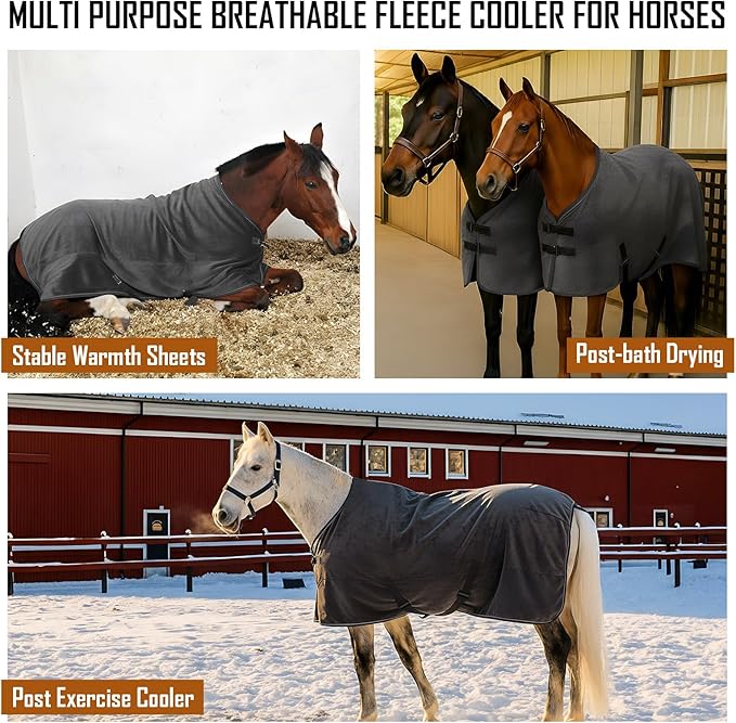 2 Pack 72.8 Inch Fleece Horse Cooler Blankets Cooling and Quick-Dry Horse Cooler Sheet with Double Side Anti-Pilling Breathable Fleece Moisture-Wicking Winter Blanket with Adjustable Buckle