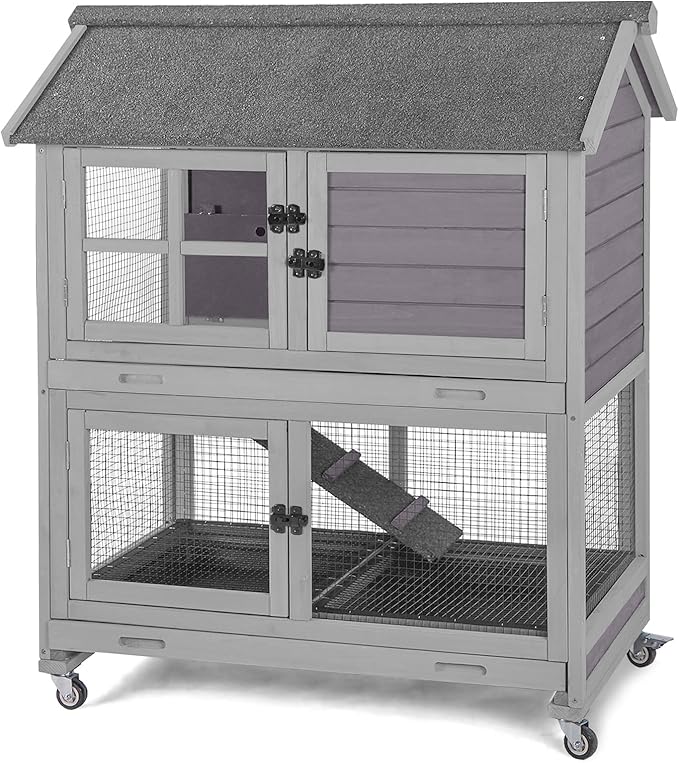 GUTINNEEN Rabbit Hutch Indoor with Metal Wire Floor and Removable Tray, Two-Tier Design with Ramp Bunny Hutch, Wooden Movable Guinea Pig Cages Waterproof Asphalt Roof 38.6"