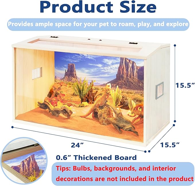 PROLEE Bearded Dragon Tank,Wooden Reptile Tank and Lizard Tank,Tempered Glass Large Bearded Dragon Enclosure with Built-in Lamp Fixture (24X16X16inch,24 Gallons)