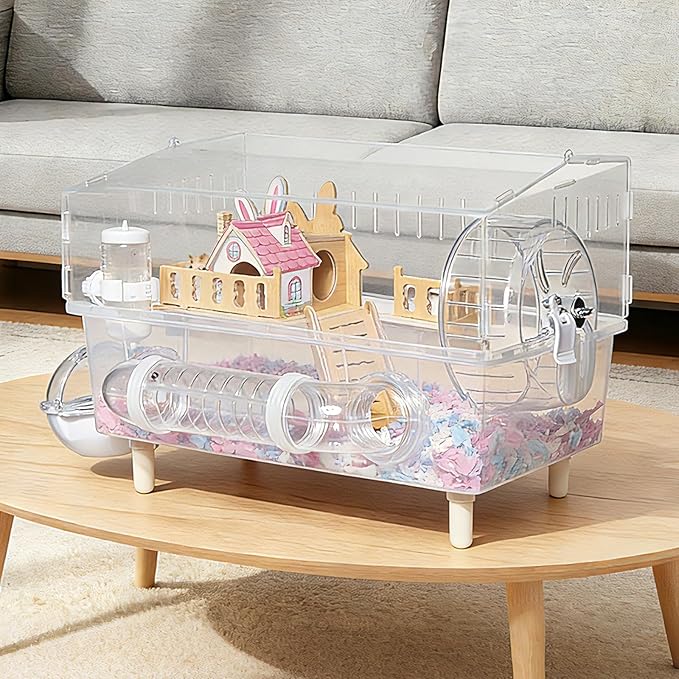 9-in-1 Acrylic Hamster Cage - Clear Pet Cage with 360° Transparent Viewing, Double Layer Chew-Proof Mice Enclosure with Crawling Tunnel for Dwarf Syrian Gerbils, 18 * 13 * 12in (Pink Cottage)