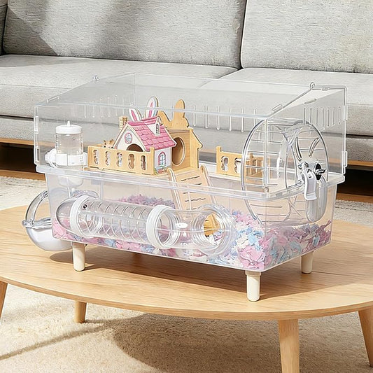 9-in-1 Acrylic Hamster Cage - Clear Pet Cage with 360° Transparent Viewing, Double Layer Chew-Proof Mice Enclosure with Crawling Tunnel for Dwarf Syrian Gerbils, 18 * 13 * 12in (Pink Cottage)