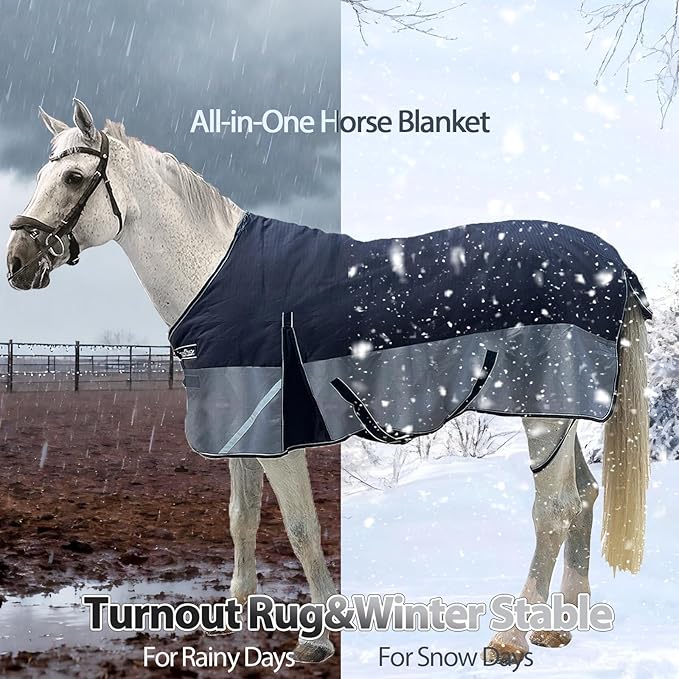 300g Fill 1200D Mid-Heavy Weight Winter Waterproof and Breathable Horse Blanket Belly Straps| Turnout Blankets with Reflective Strips (Black/Gray, 72'')