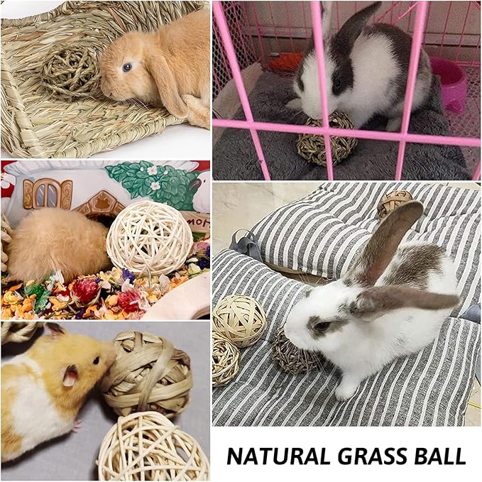 PINVNBY Guinea Pig Grass House Bunny Hay Hideout Tunnel Small Pet Straw Hut with Chew Toys for Bunny Hamster Rat Chinchilla Hedgehog Gerbil (Ball at Random)