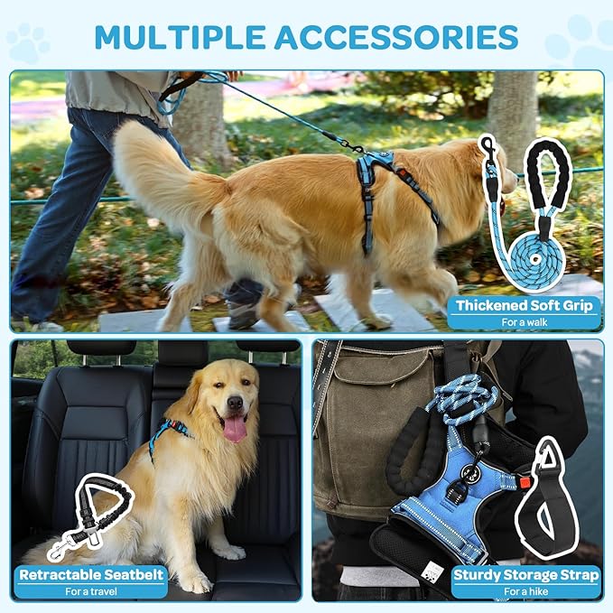 FURRYFECTION Plaid Dog Harness for Small Dogs, Reflective No Pull Adjustable Pet Vest with Front Clip, Leash, Easy Control Handle and Seat Belt, Blue, S