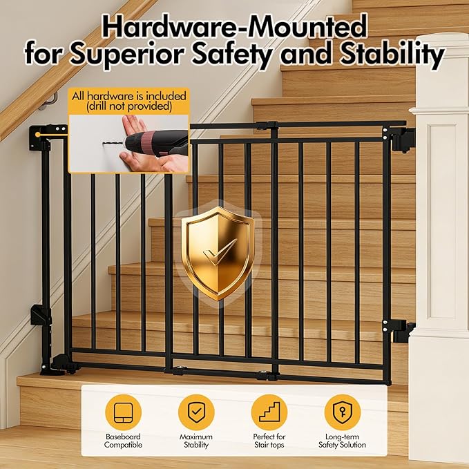 Extra Wide Baby Gate for Stairs Doorways & Kitchen,32"-54" W x 29" H, No Bottom Bar Dog Gate, One-Handed Auto-Close, Hardware Mount Safety Gate for Dogs & Toddlers, Black
