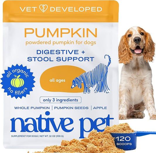Native Pet Pumpkin for Dogs - Organic Dog Food Topper Powder - Promotes Firm Stools, Supports Digestive, Bowel Health & Nutrient Absorption - USDA Organic, Rich in Fiber with Real Pumpkin -120 Scoops