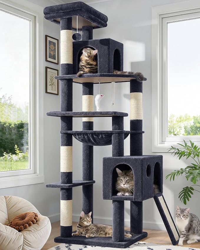 Globlazer Heavy Duty Cat Tree, 70 inch Sturdy Cat Tree for Indoor Cats Extra Large Cat Tower with Scratching Post, Hammock, Cat Condo for Adult Cats Kittens, F70 Pro, Dark Grey by Globlazer