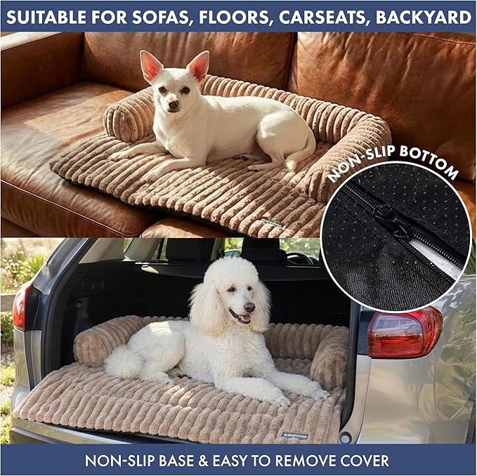 Spark Paws Luxury Dog Couch Cover Bed, Calming Pet Furniture Protector for Large & Small Dogs, Washable Bolster Dog Bed for Couch, Sofa & Bed - Brown, 2XL