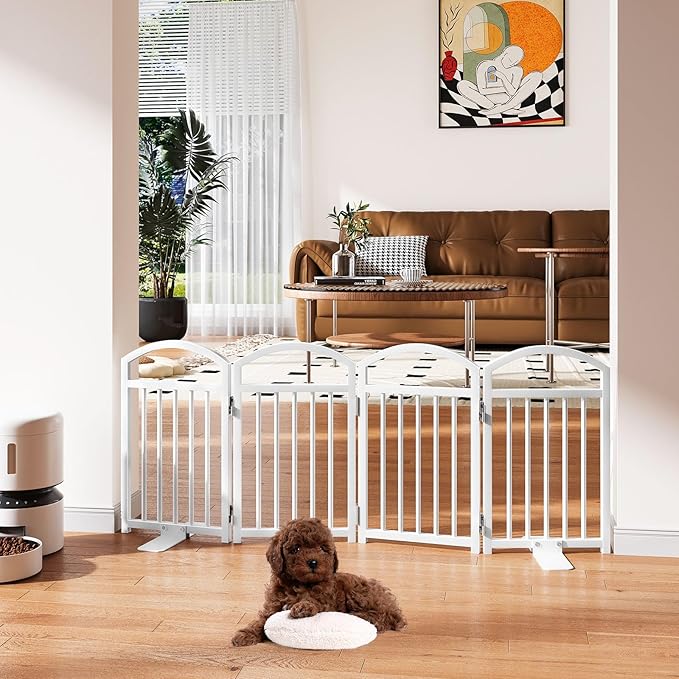 Snughome Short Dog Gate Indoor, 19.69" H Freestanding Small Dog Door Gates with Support Feet, Expands Up to 48" Wide Foldable Pet Gates for Doorway, 4 Panel Folding Pet Door Pet Fence for Puppy, White