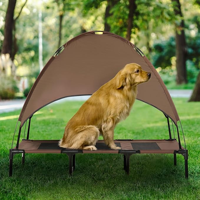 PawHut Elevated Portable Dog Cot Pet Bed with UV Protection Canopy Shade, 48 inch, Coffee