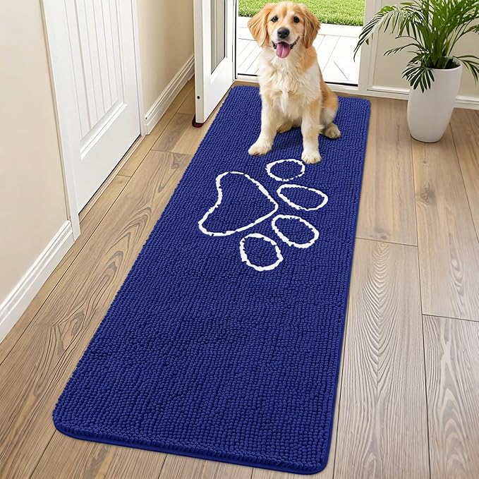 Smiry Dog Door Mat for Muddy Paws, Absorbent Dirt Trapper Non Slip Quick Dry Washable Chenille Mat for Mud Dogs, Entry Rug for Indoor and Outdoor (70x24 Inches, Navy Blue and White)