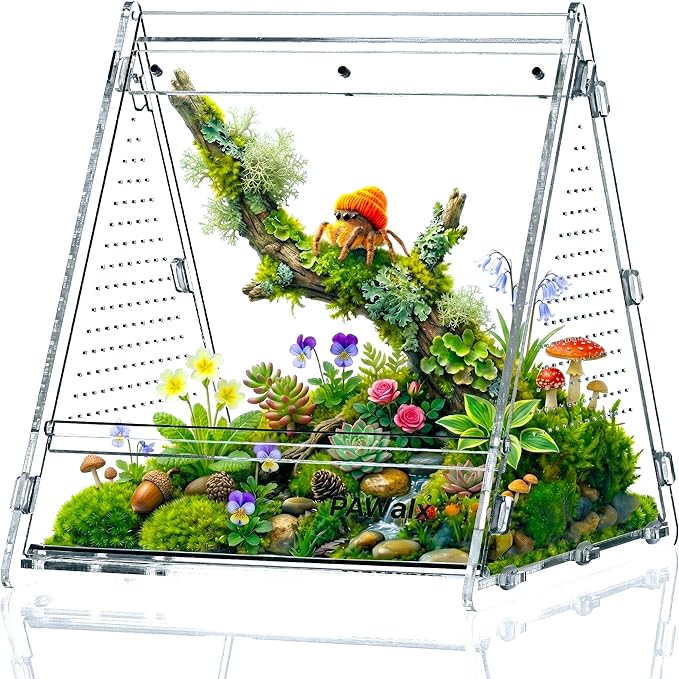 Triangular Jumping Spider Enclosure, Acrylic Terrarium with Magnetic Doors, 0.8mm Micro-Ventilation& Escape-Proof Design for Tarantulas, Lizards, Small Pets, 6.5"x7.3"x7"