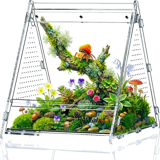 Triangular Jumping Spider Enclosure, Acrylic Terrarium with Magnetic Doors, 0.8mm Micro-Ventilation& Escape-Proof Design for Tarantulas, Lizards, Small Pets, 6.5"x7.3"x7"