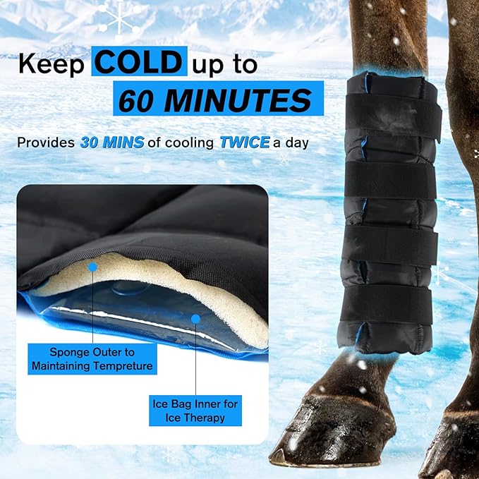 Horse Leg Wraps Set of 4, Horse Ice Leg Boots Perfect for Equestrian Training& Daily Use, Comfortable and Premium Support for Injury Recovery to Fit for All Horses(Black & Blue, 4Pack)