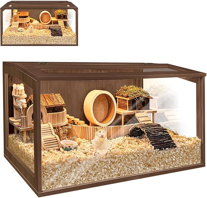 PROLEE Hamster Cage with Chewproof Wood Top, Guinea Pig Cages, Hamster Habitat with Clear Acrylic Sheets Solid Built, Small Animal Cage (Walnut, 24X15.5X15.5 inch)