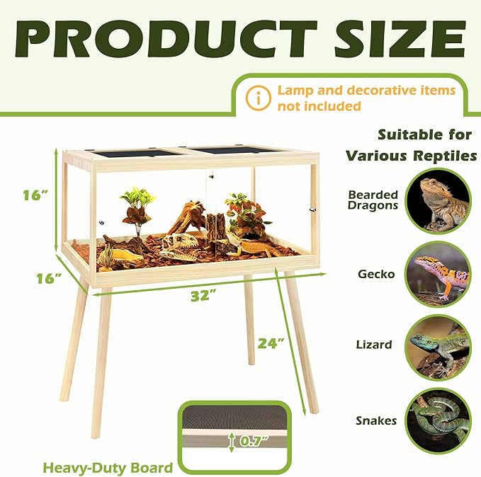 PROLEE Bearded Dragon Tank with Leg Stand 34 Gallons, Wooden Lizard Tank,Reptile Tank with Metal Mesh Roof Door, Acrylic Panel Snake Tank with Lock Design (Oak, 32"x16"x16")