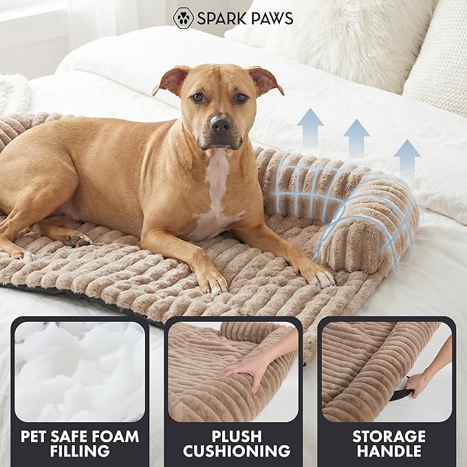 Spark Paws Luxury Dog Couch Cover Bed, Calming Pet Furniture Protector for Large & Small Dogs, Washable Bolster Dog Bed for Couch, Sofa & Bed - Brown, Small