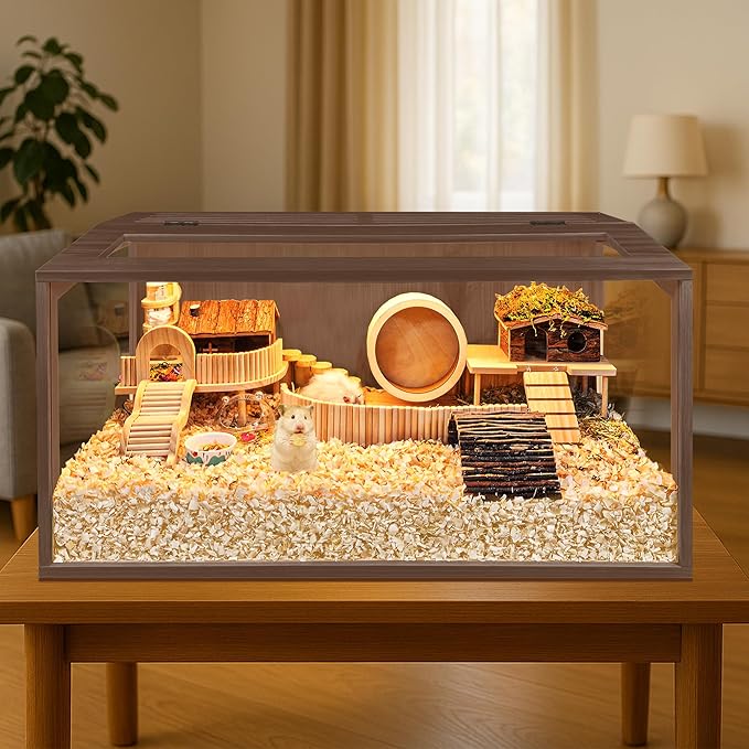 PROLEE Hamster Cage with Chewproof Wood Top, Guinea Pig Cages, Hamster Habitat with Clear Acrylic Sheets Solid Built, Small Animal Cage (Walnut, 24X15.5X15.5 inch)